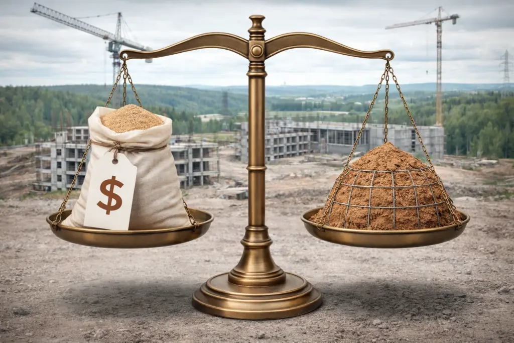 Схема усиления фундаментной подушки из местного грунта геосинтетическими материалами